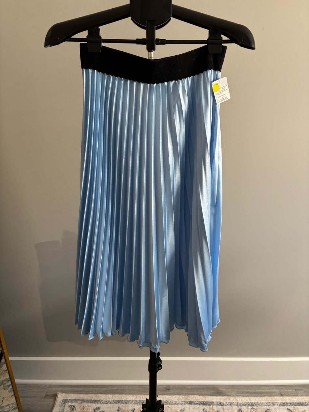love...ady Pleated Light Blue Midi Skirt with Black Waistband